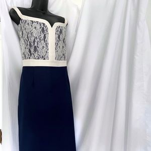 NWT ASOS Off-the-Shoulder Cream Lace and Navy Midi Dress | Size 14